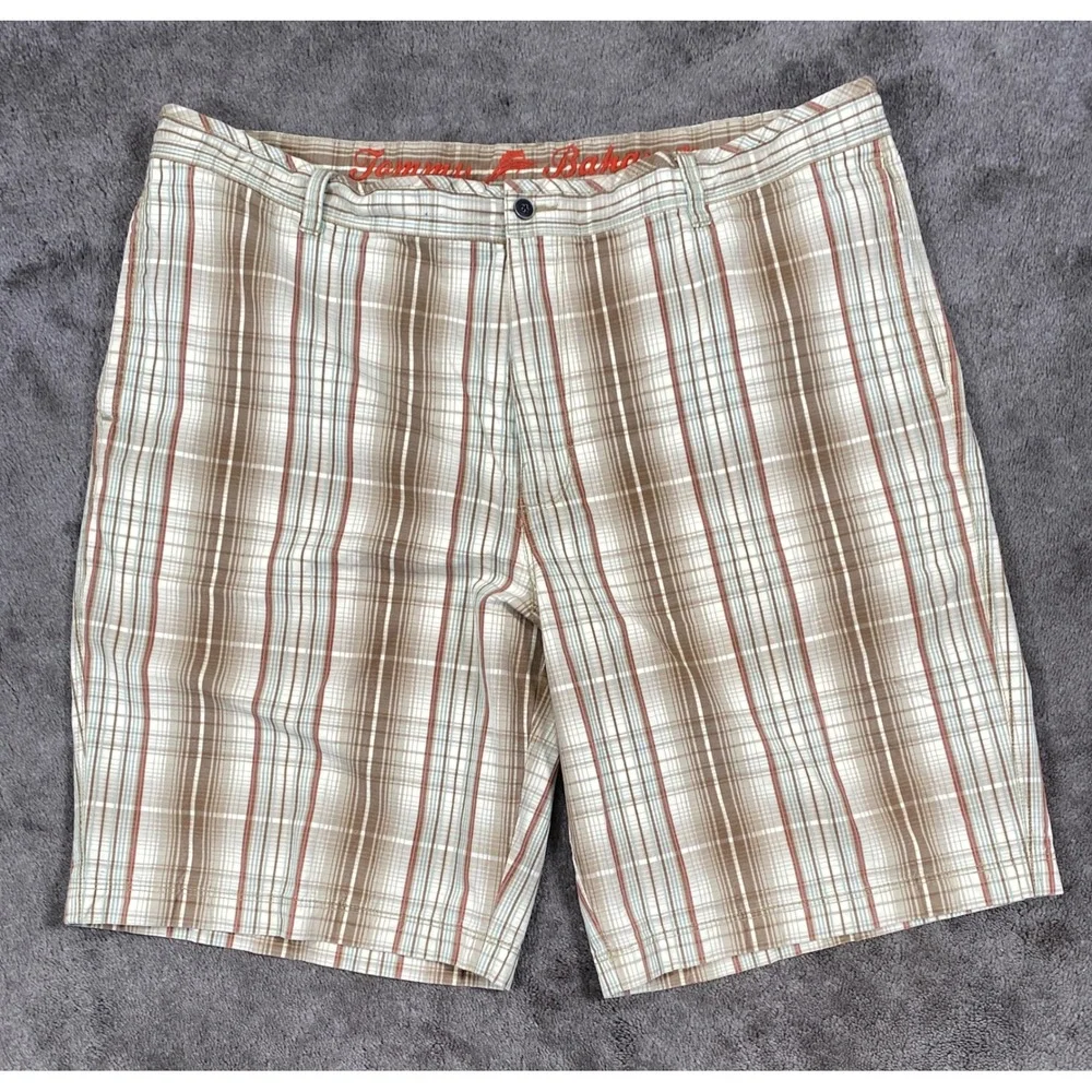 Tommy Bahama Shorts Mens 42 Brown Plaid Silk‎ Cotton Blend Flat Front Casual